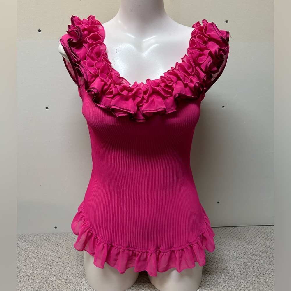 Moon River Fuchsia Ruffle Trim Blouse
